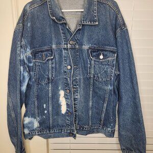 VTG Guess Jeans Distressed Denim Jacket 3XL Trucker Button Thrasher bleach moto